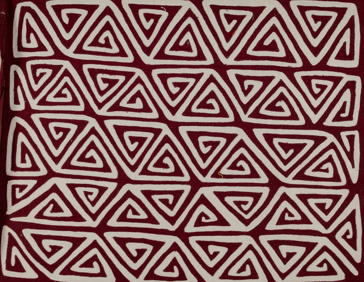 Rows of triangle spirals mola, hand stitched Guna panel from Panama, 16.5 by 13.5 inches