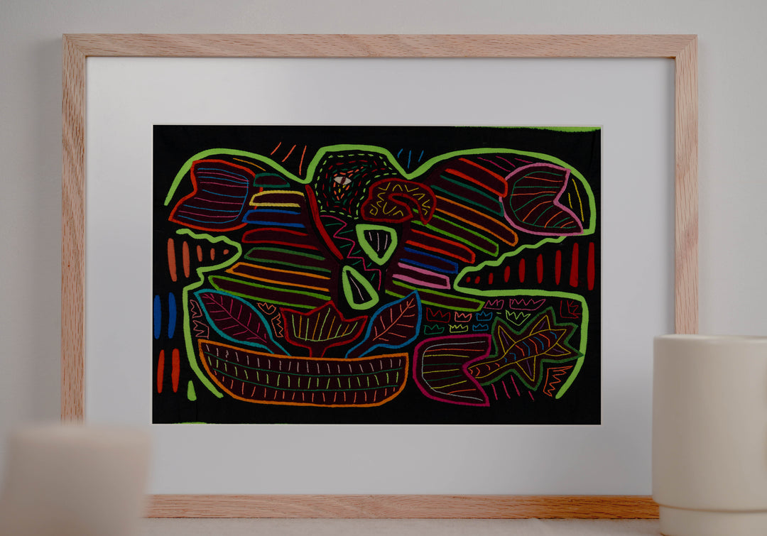 Panama mola panel, green macaw with rainbow wing bands on black, hand stitched reverse applique