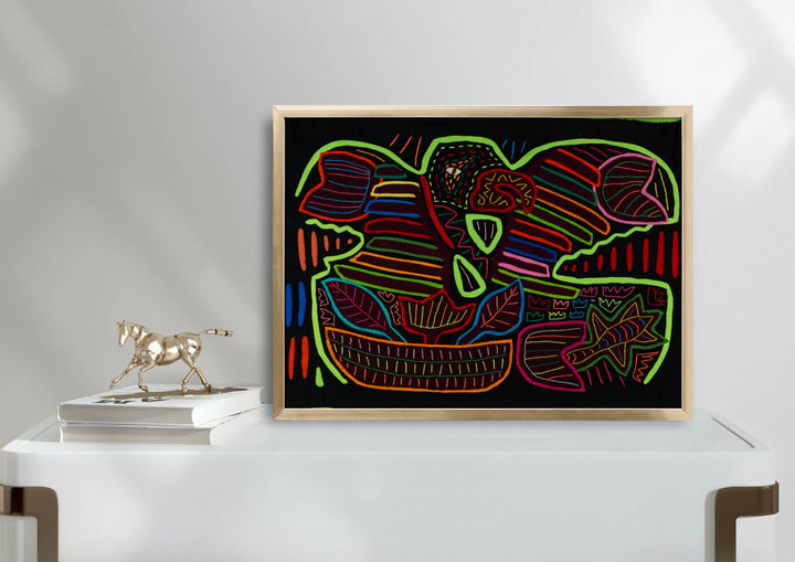 Panama mola panel, green macaw with rainbow wing bands on black, hand stitched reverse applique