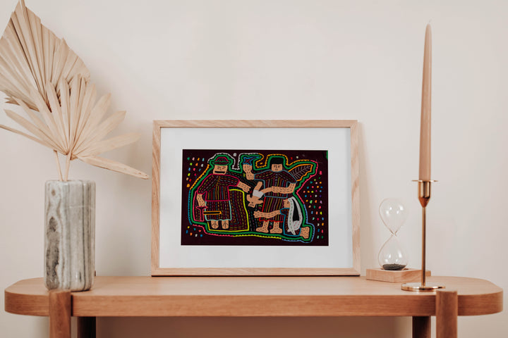 Hand stitched Guna mola from Guna Yala Panama, nativity design with striped border blocks