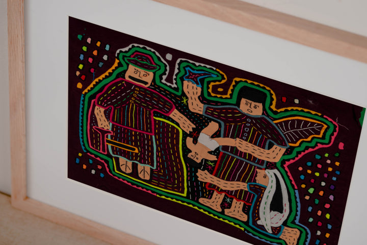 Hand stitched Guna mola from Guna Yala Panama, nativity design with striped border blocks
