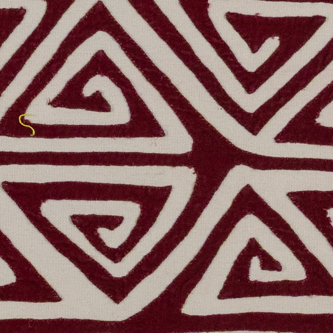 Rows of triangle spirals mola, hand stitched Guna panel from Panama, 16.5 by 13.5 inches