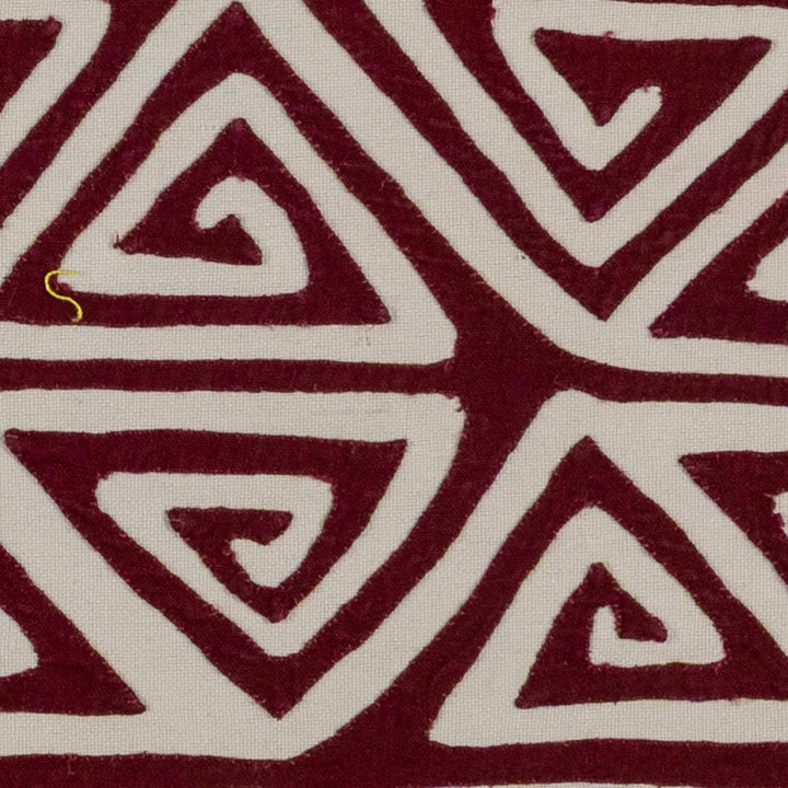 Rows of triangle spirals mola, hand stitched Guna panel from Panama, 16.5 by 13.5 inches