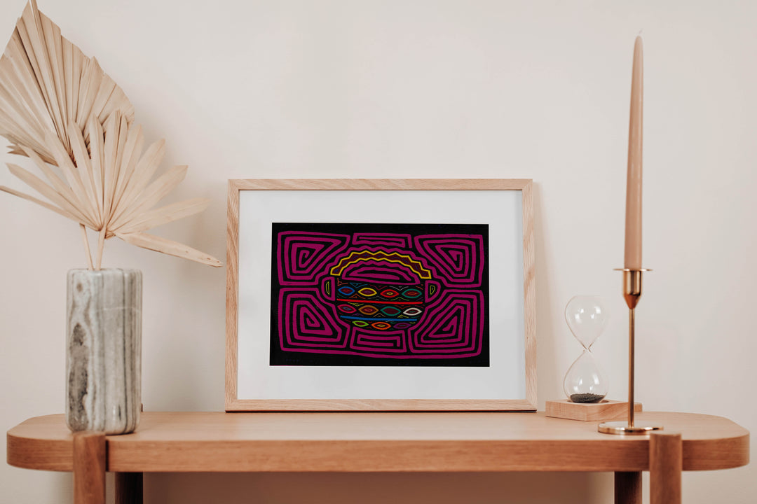 Hand stitched Guna mola from Guna Yala Panama, Easter basket and eggs with geometric border