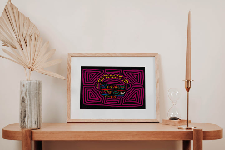 Hand stitched Guna mola from Guna Yala Panama, Easter basket and eggs with geometric border