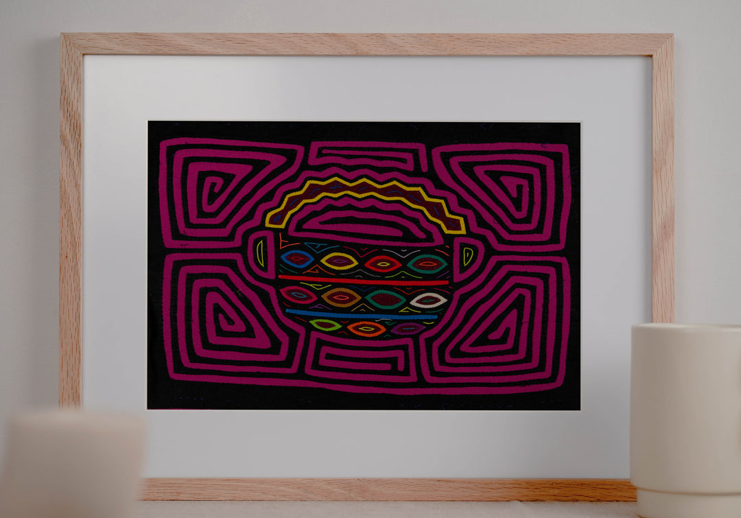 Panama mola panel, basket piled with eggs in magenta, pink and red on black, hand stitched reverse applique