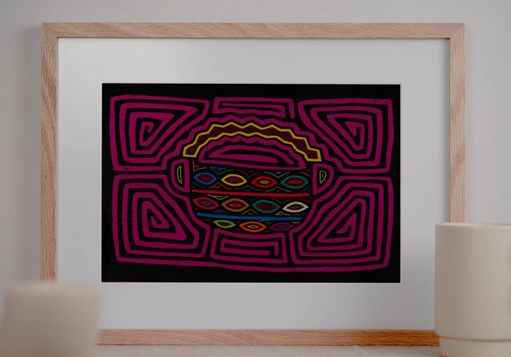 Panama mola panel, basket piled with eggs in magenta, pink and red on black, hand stitched reverse applique