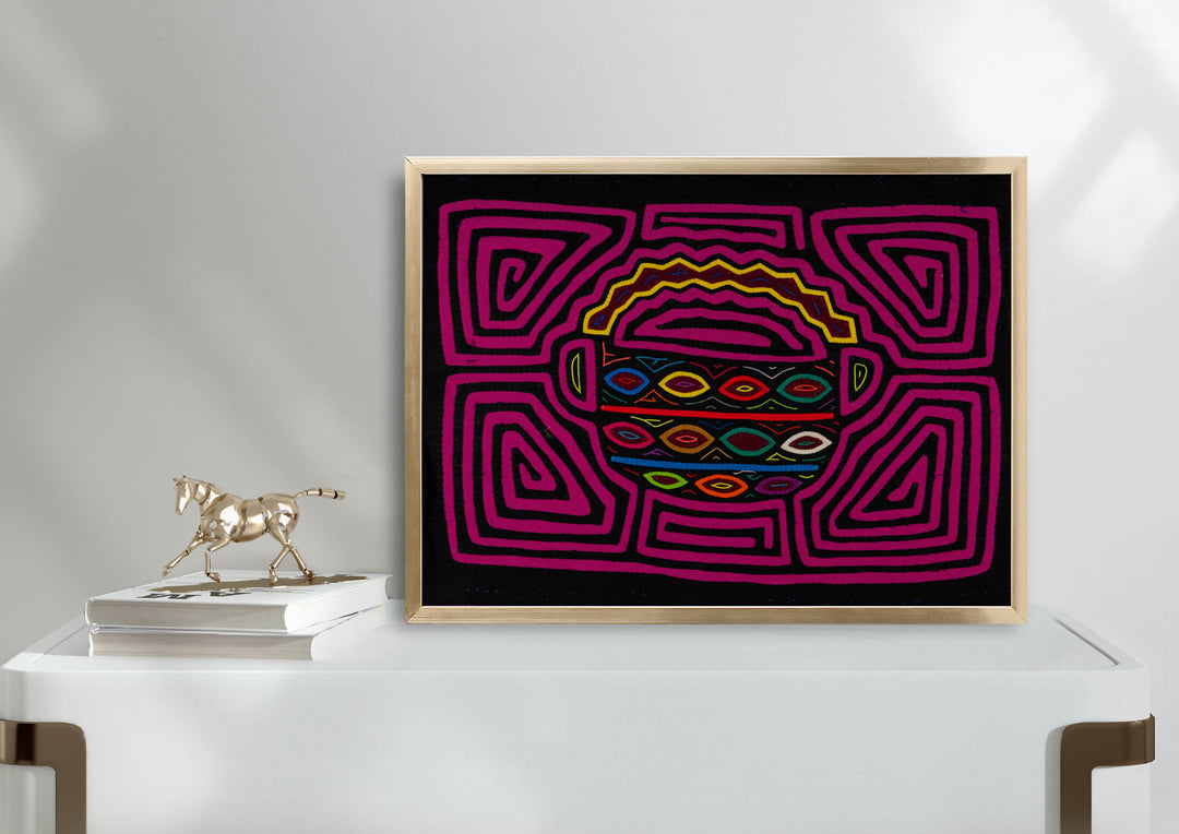 Panama mola panel, basket piled with eggs in magenta, pink and red on black, hand stitched reverse applique
