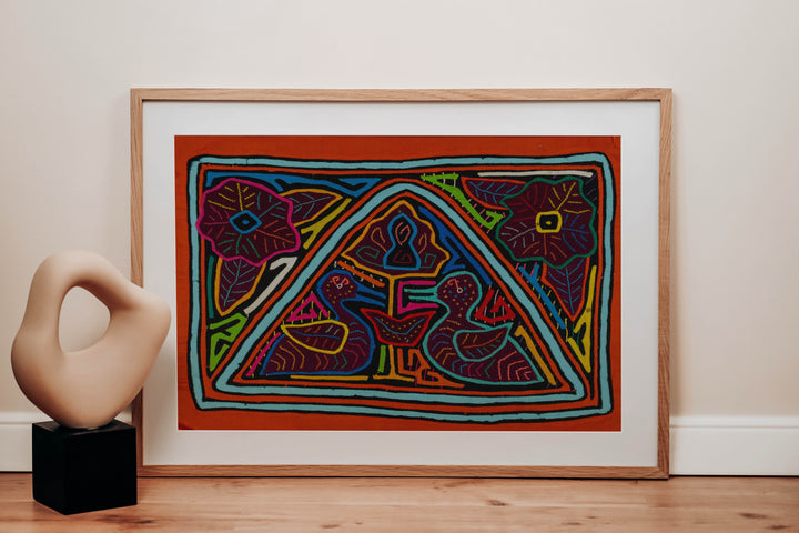 Orange And Turquoise Duck And Flower Mola