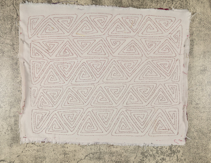 Rows of triangle spirals mola, hand stitched Guna panel from Panama, 16.5 by 13.5 inches