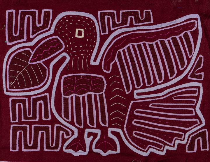 Jungle duck bird with spread wings mola, hand stitched Guna panel from Panama, 16 by 12 inches