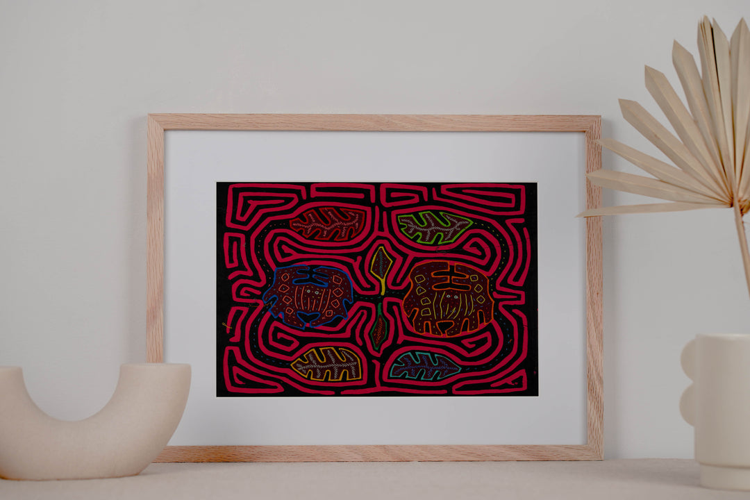 Hand stitched Guna mola from Guna Yala Panama, leaves with fine veins around the crabs
