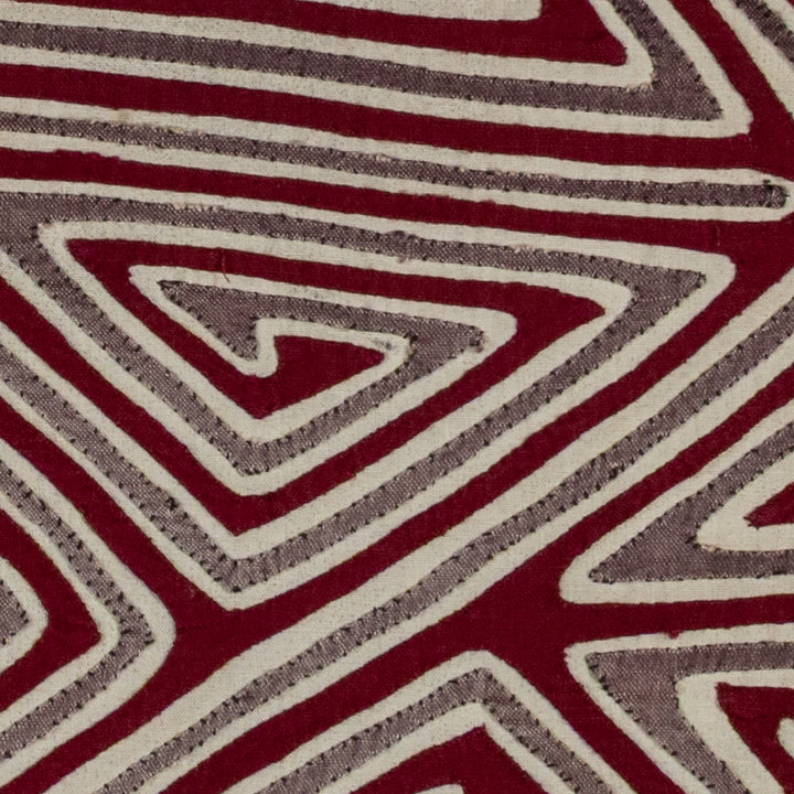Spiral triangles in a big X mola, hand stitched Guna panel from Panama, 16 by 13.5 inches