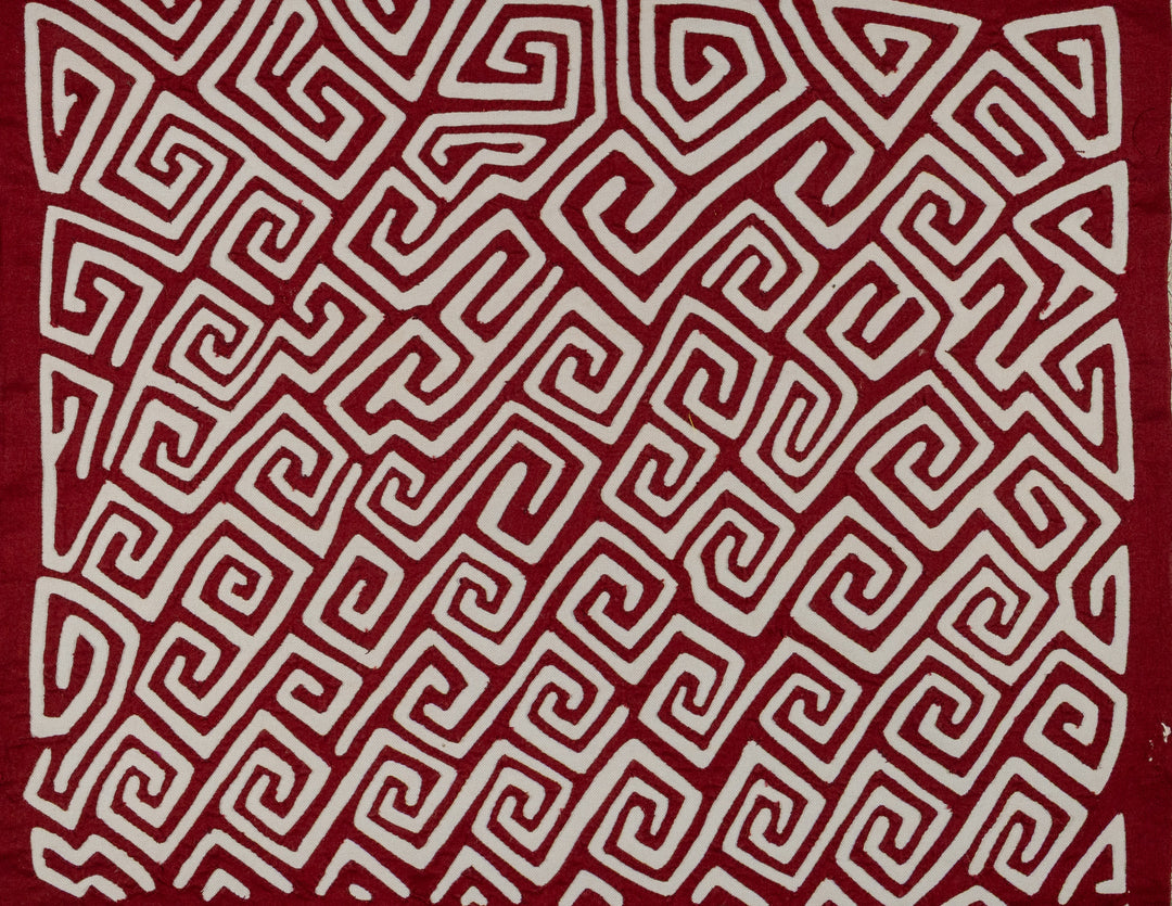 Diagonal meander key pattern mola, hand stitched Guna panel from Panama, 16 by 13.5 inches