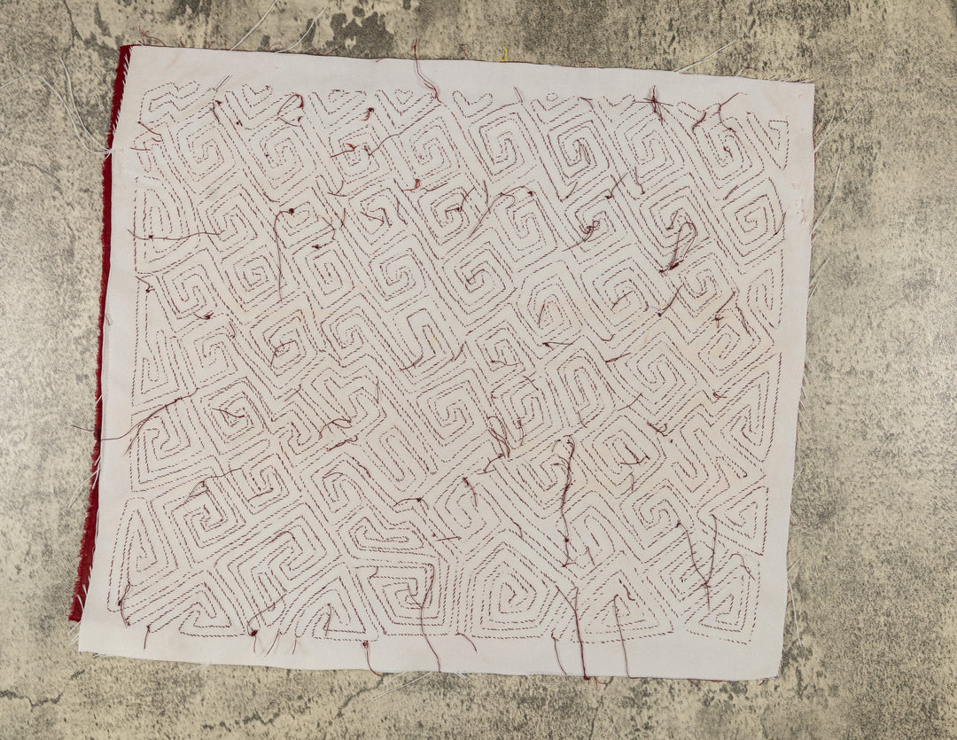 Diagonal meander key pattern mola, hand stitched Guna panel from Panama, 16 by 13.5 inches