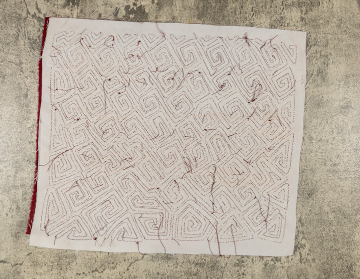 Diagonal meander key pattern mola, hand stitched Guna panel from Panama, 16 by 13.5 inches