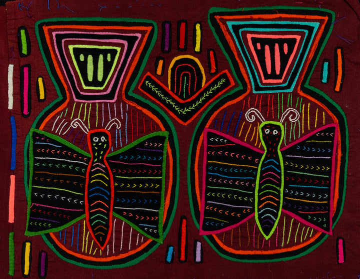 Two butterflies inside tall jars mola, hand stitched Guna panel from Panama, 15 by 12 inches