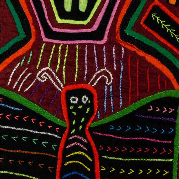 Two butterflies inside tall jars mola, hand stitched Guna panel from Panama, 15 by 12 inches