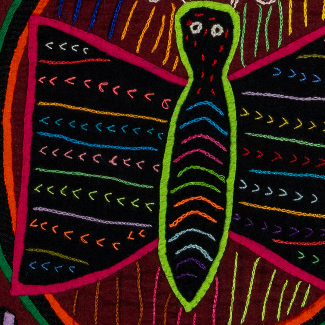 Two butterflies inside tall jars mola, hand stitched Guna panel from Panama, 15 by 12 inches