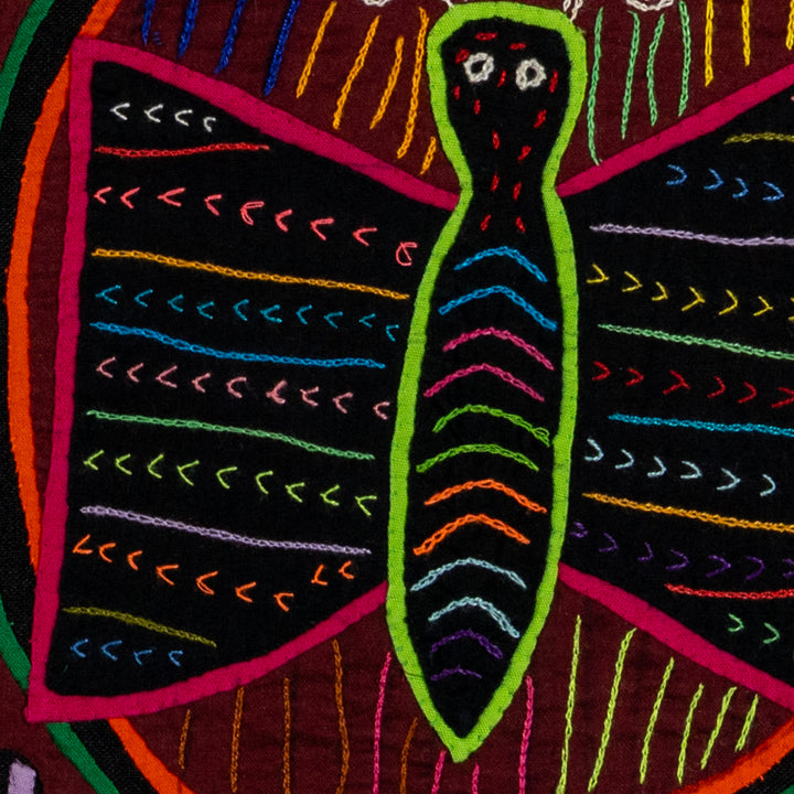 Two butterflies inside tall jars mola, hand stitched Guna panel from Panama, 15 by 12 inches