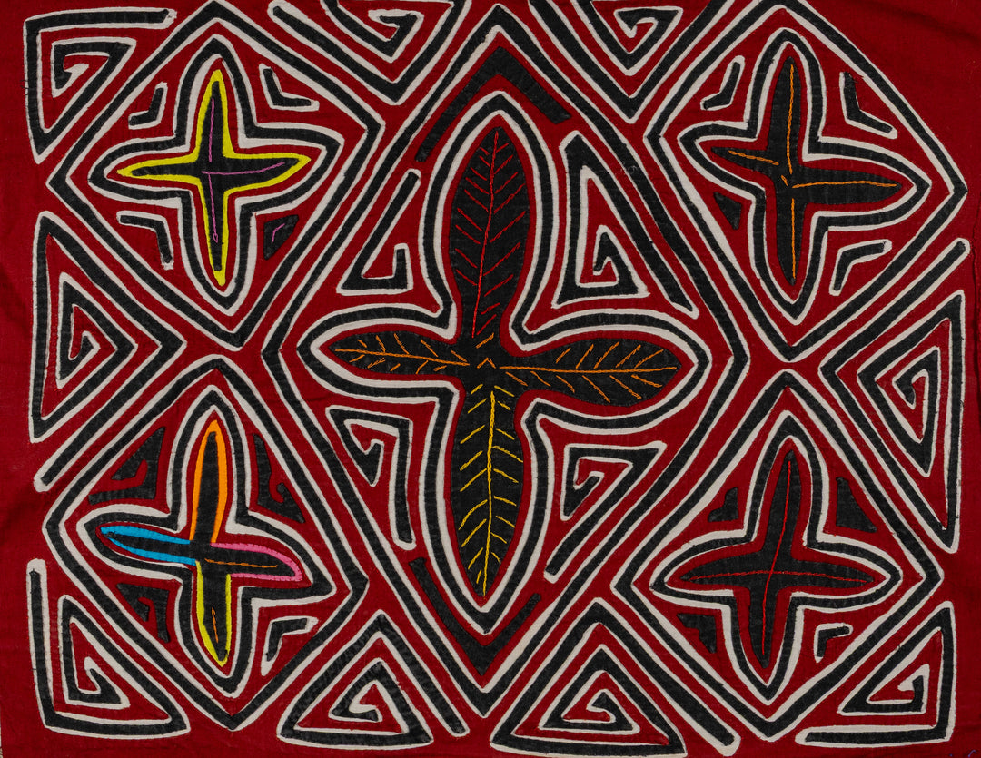 Four tropical snowflakes mola, hand stitched Guna panel from Panama, 17 by 14.5 inches
