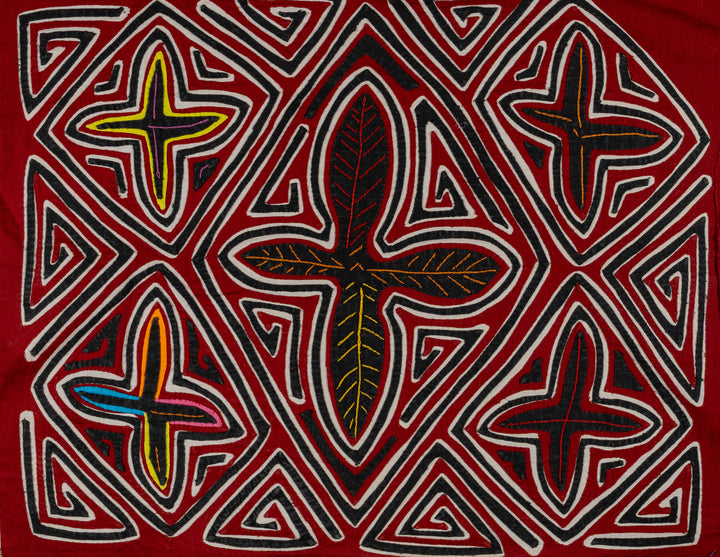 Four tropical snowflakes mola, hand stitched Guna panel from Panama, 17 by 14.5 inches