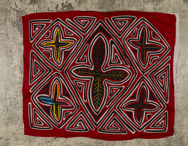 Panama mola panel, four star crosses around a leafy cross in black and white zigzag, hand stitched reverse applique