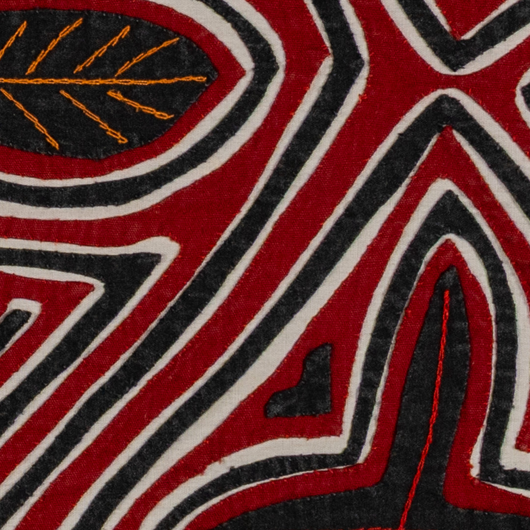 Four tropical snowflakes mola, hand stitched Guna panel from Panama, 17 by 14.5 inches