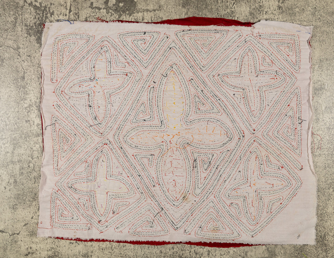 Four tropical snowflakes mola, hand stitched Guna panel from Panama, 17 by 14.5 inches