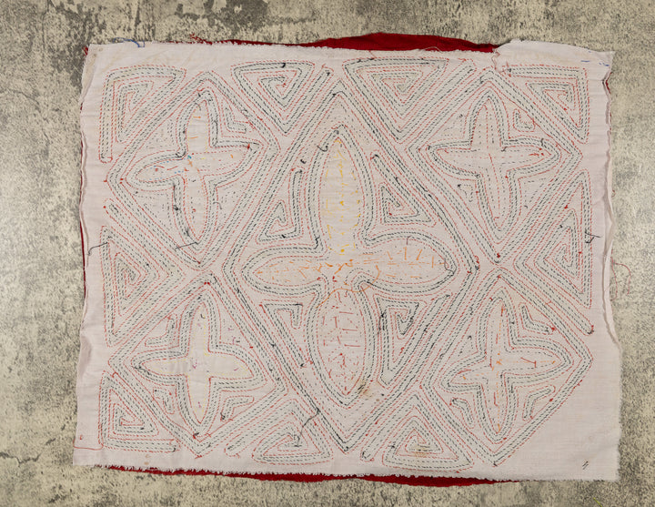 Four tropical snowflakes mola, hand stitched Guna panel from Panama, 17 by 14.5 inches