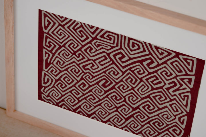 Hand stitched Guna mola from Guna Yala Panama, sharp right angle turns folding back at each corner