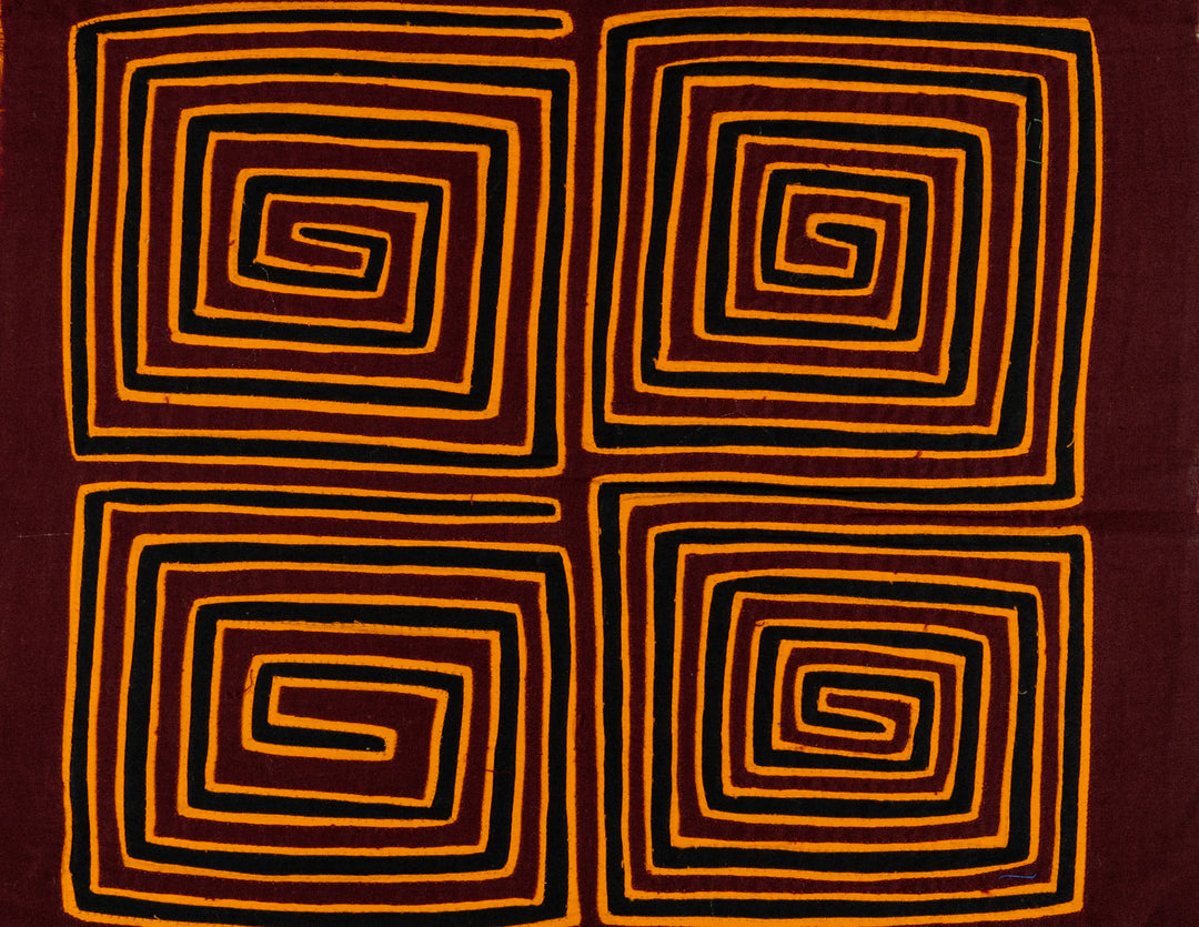 Four square spirals mola, hand stitched Guna panel from Panama, 14.5 by 13 inches