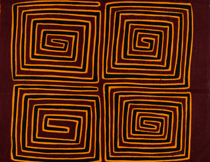 Four square spirals mola, hand stitched Guna panel from Panama, 14.5 by 13 inches