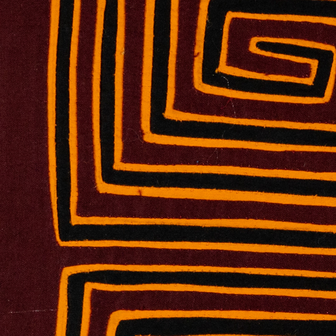 Four square spirals mola, hand stitched Guna panel from Panama, 14.5 by 13 inches