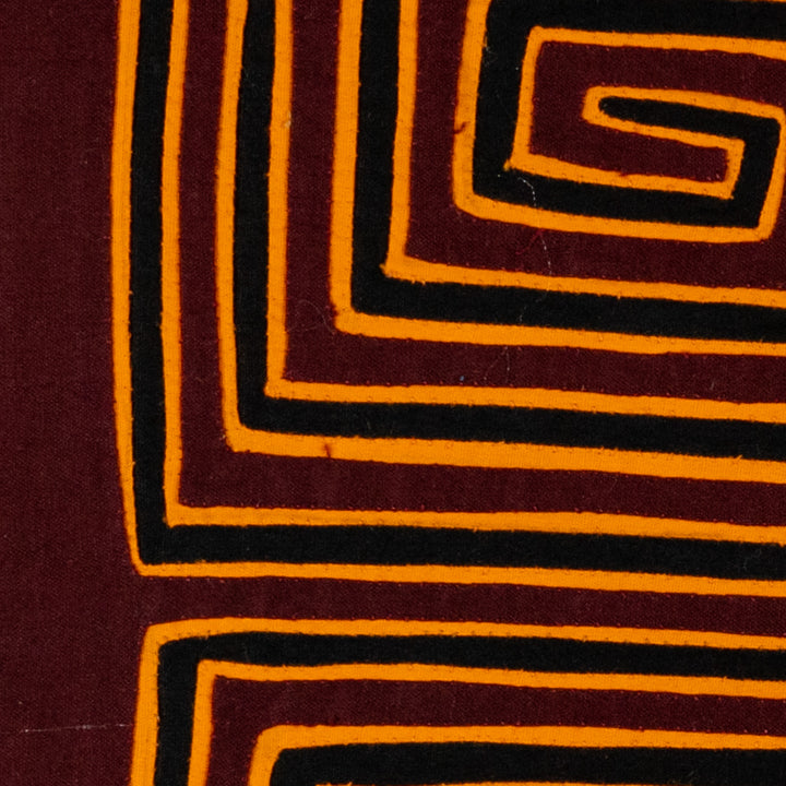 Four square spirals mola, hand stitched Guna panel from Panama, 14.5 by 13 inches