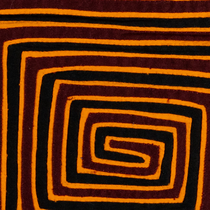 Four square spirals mola, hand stitched Guna panel from Panama, 14.5 by 13 inches