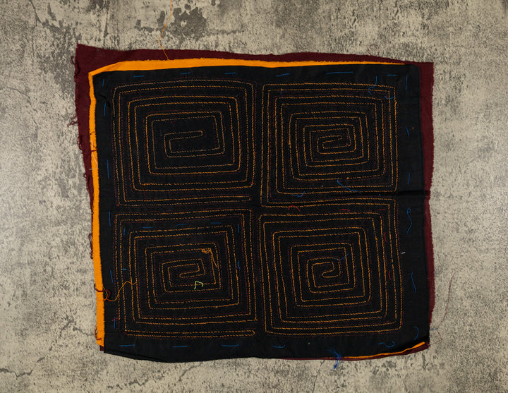 Four square spirals mola, hand stitched Guna panel from Panama, 14.5 by 13 inches