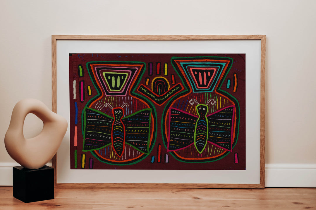 Panama mola panel, two striped butterflies in jar shapes with patterned lids on maroon, hand stitched reverse applique