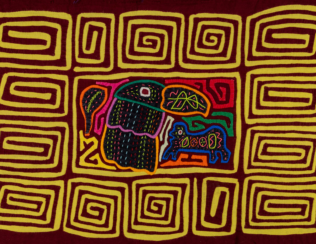Toucan bird with a tiny friend mola, hand stitched Guna panel from Panama, 15.5 by 10.5 inches