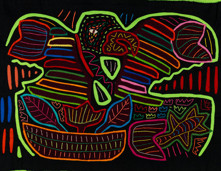 Green macaw mola, hand stitched Guna panel from Panama, 17 by 11 inches