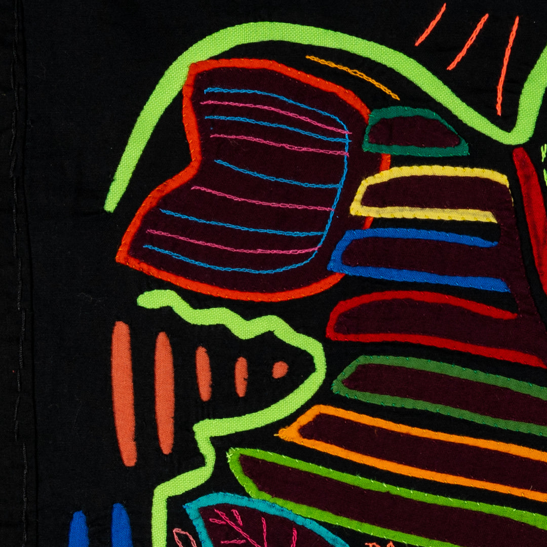 Green macaw mola, hand stitched Guna panel from Panama, 17 by 11 inches
