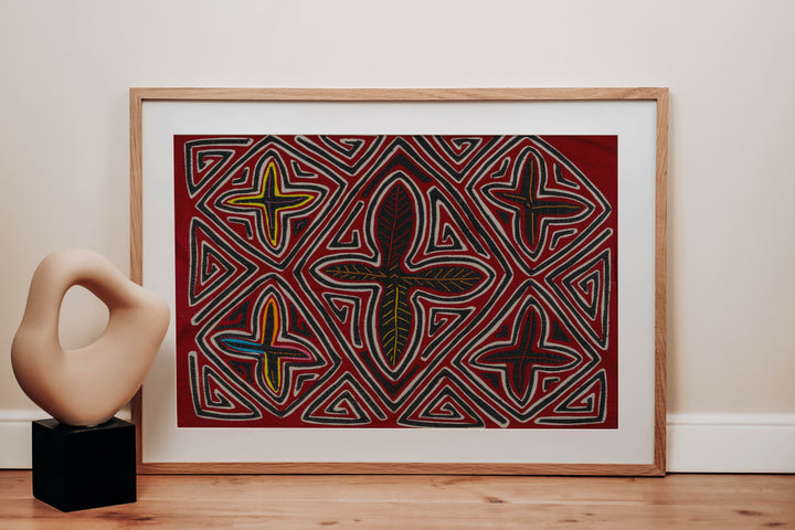 Panama mola panel, four star crosses around a leafy cross in black and white zigzag, hand stitched reverse applique