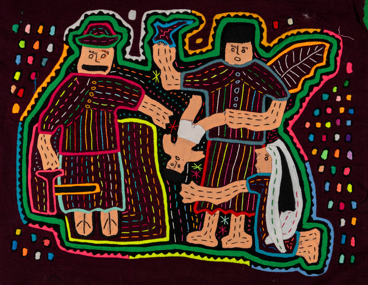 Nativity scene mola, hand stitched Guna panel from Panama, 16 by 12 inches