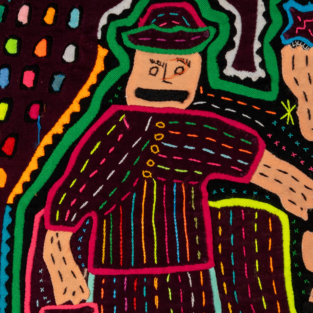 Nativity scene mola, hand stitched Guna panel from Panama, 16 by 12 inches