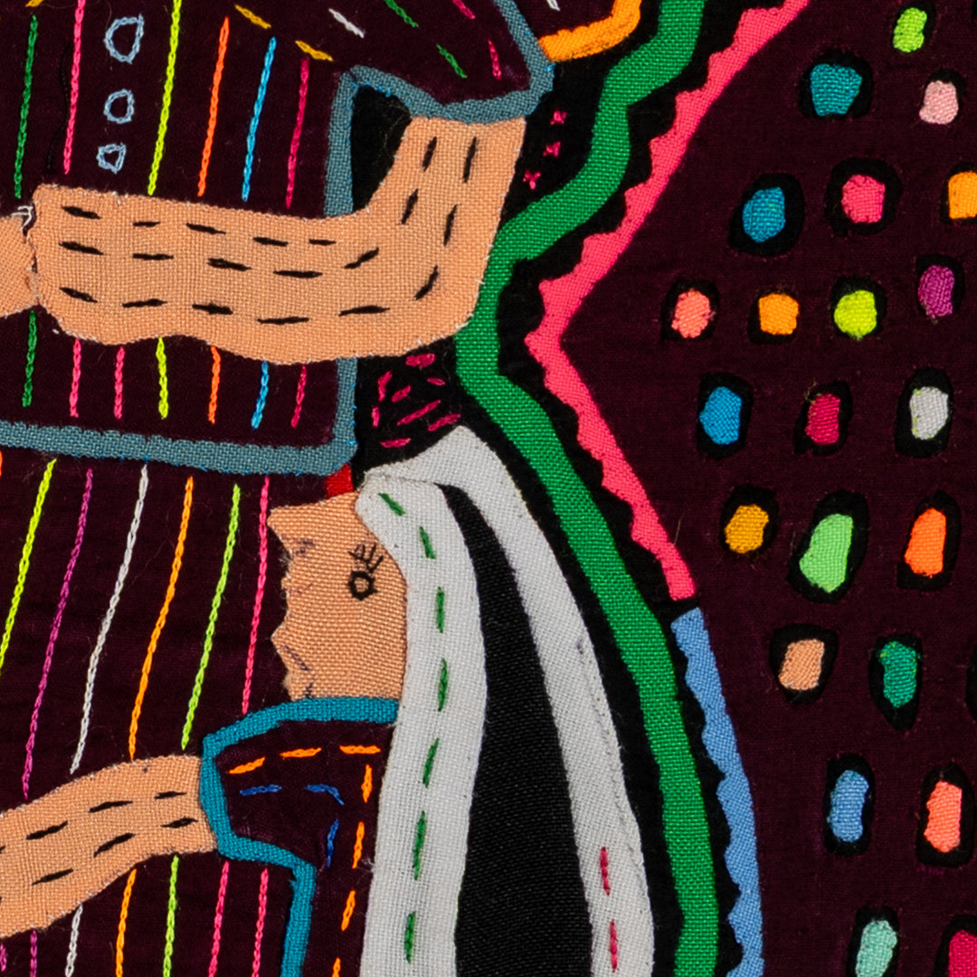 Nativity scene mola, hand stitched Guna panel from Panama, 16 by 12 inches