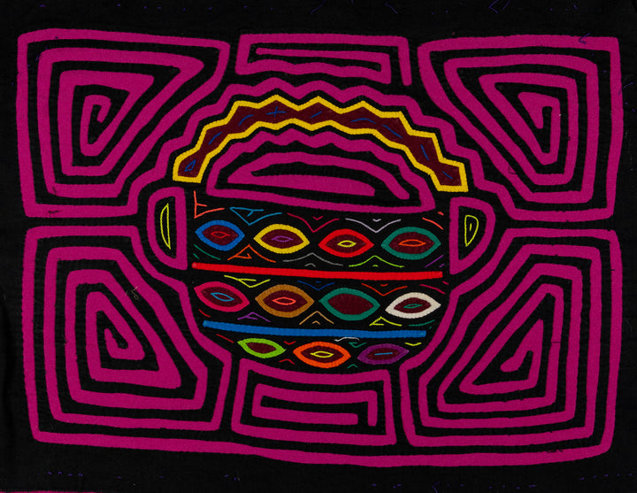 Magenta Easter basket mola, hand stitched Guna panel from Panama, 16 by 12 inches