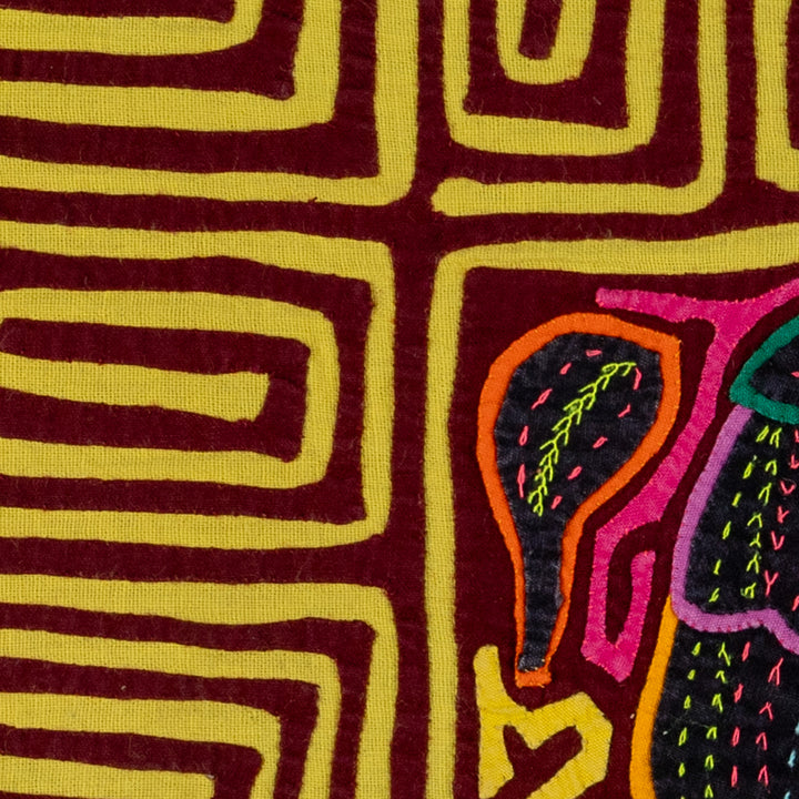 Toucan bird with a tiny friend mola, hand stitched Guna panel from Panama, 15.5 by 10.5 inches