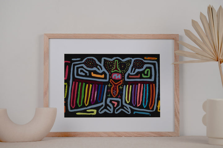 King of the jungle with feathered advisors mola, hand stitched Guna panel from Panama, 16 by 9.5 inches