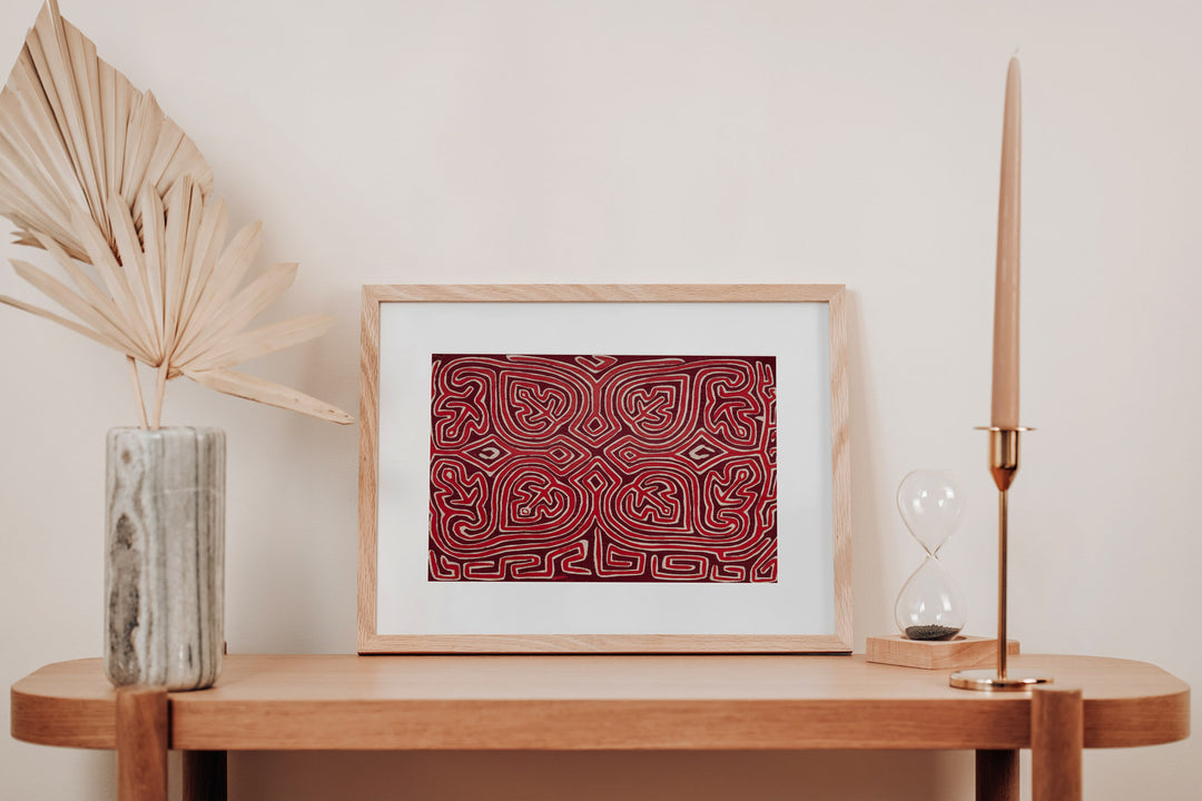 Hand stitched Guna mola from Guna Yala Panama, red and white lines with a key border