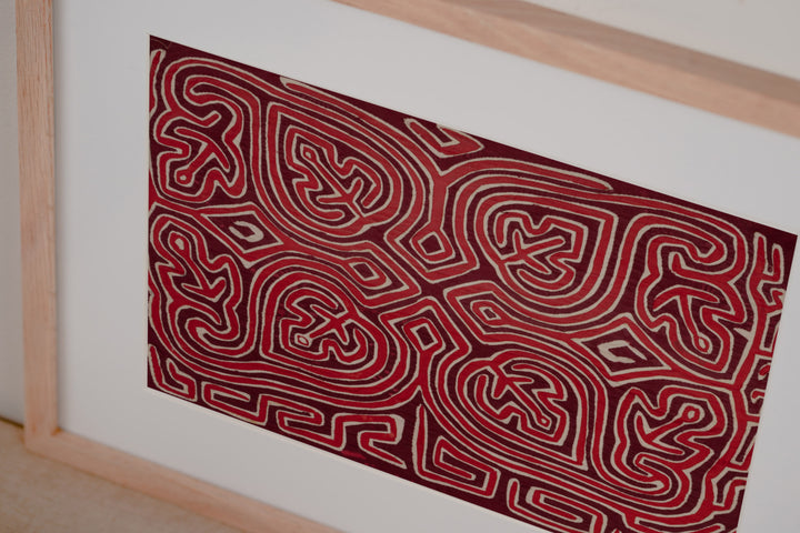 Red and white anchor mola, hand stitched Guna panel from Panama, 20 by 15 inches